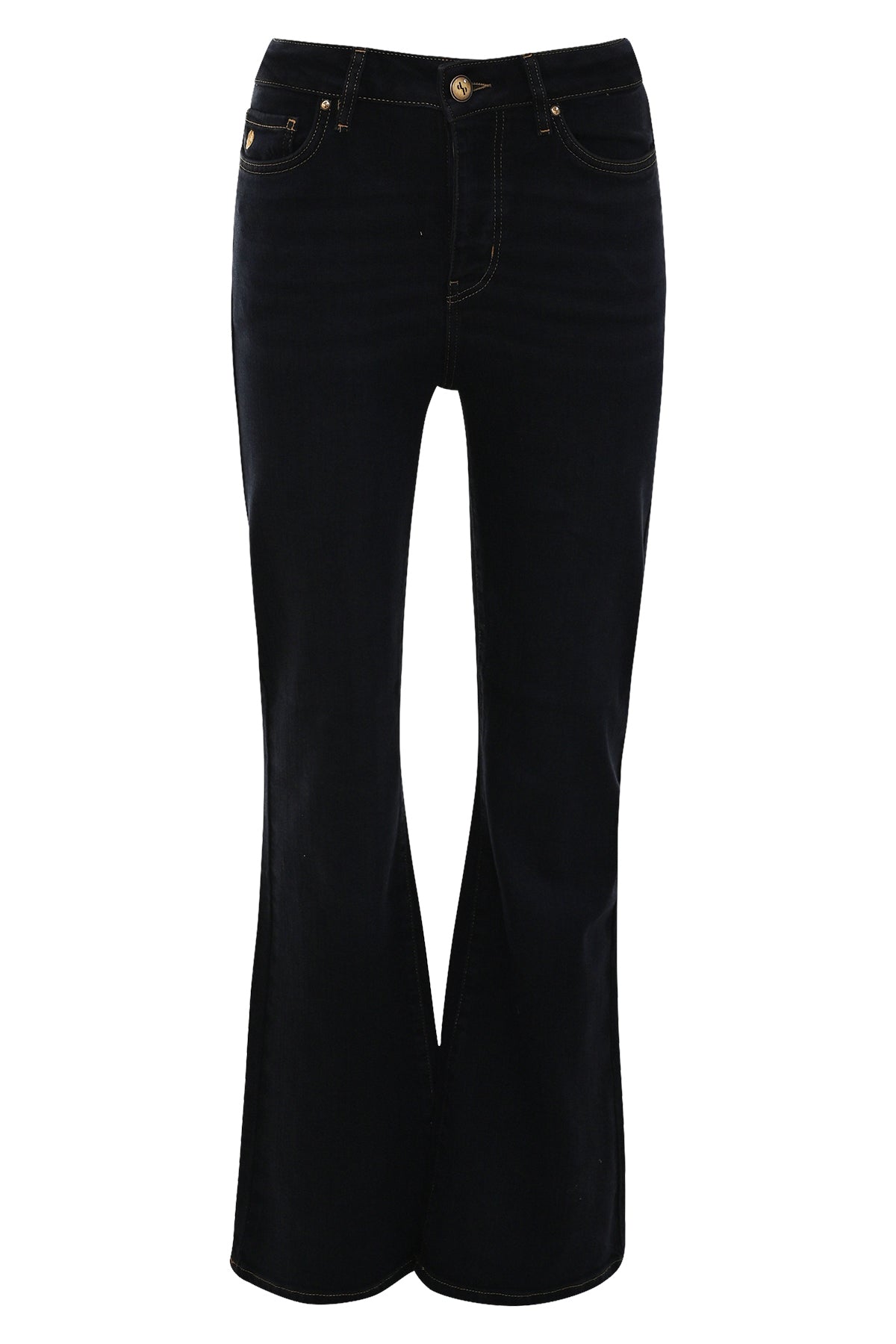 donkerblauwe flared fit jeans in blue mocca kleur 