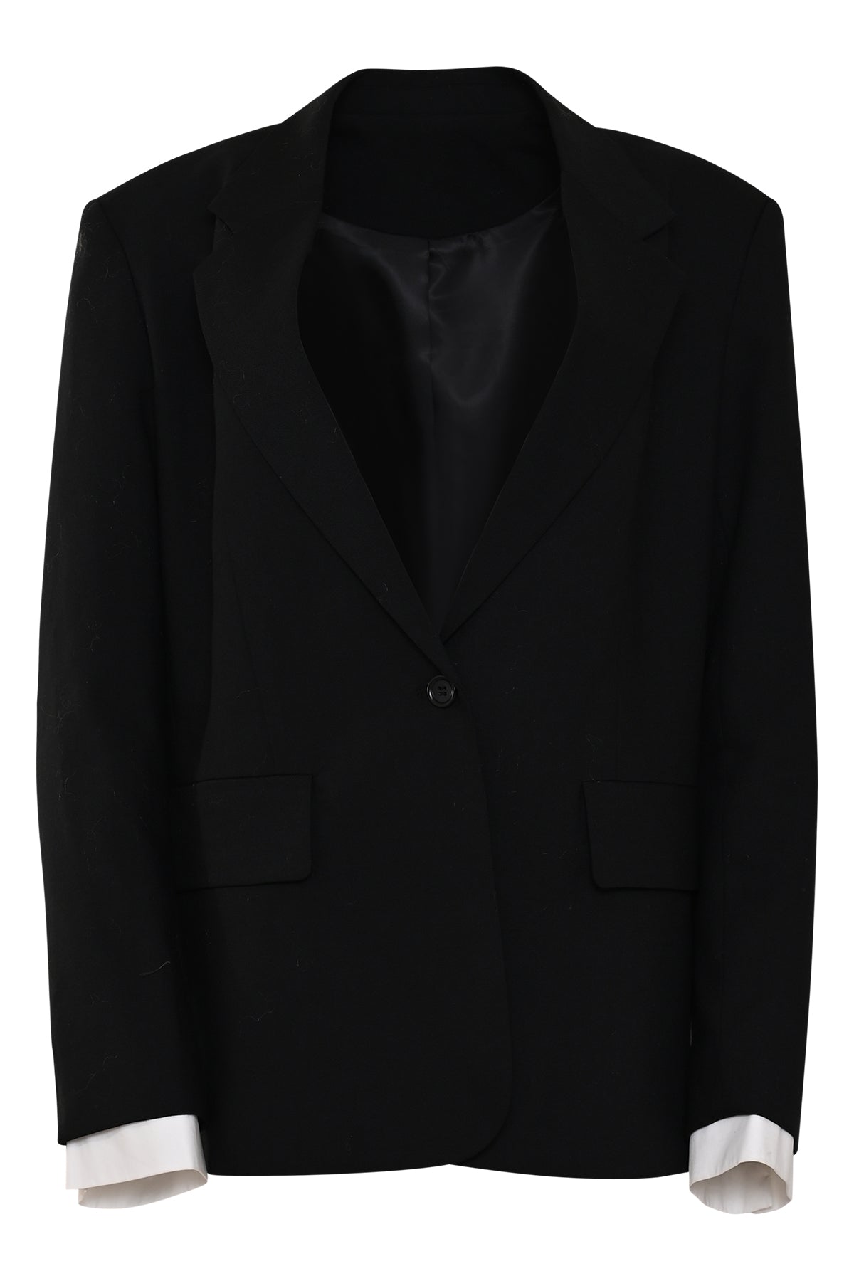 zwarte damesblazer canto met rechte pasvorm, klassieke reverskraag en afneembare contrasterende manchetten.