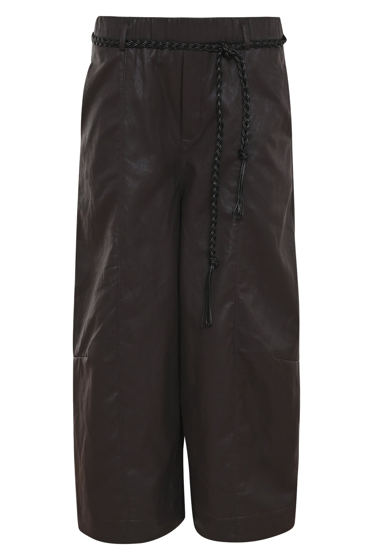 fanano bruin leatherlook wijde broek met gevlochten ceintuur in dezelfde kleur
