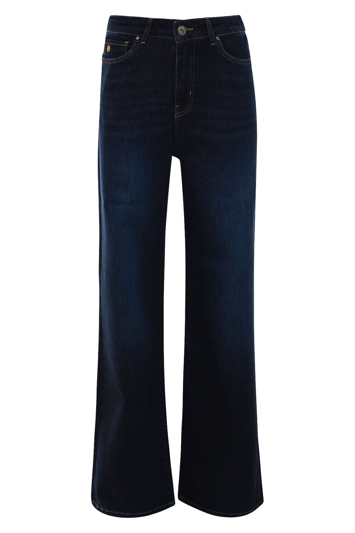 vooraanzicht van model in de francis milan blue palazzo fit damesjeans