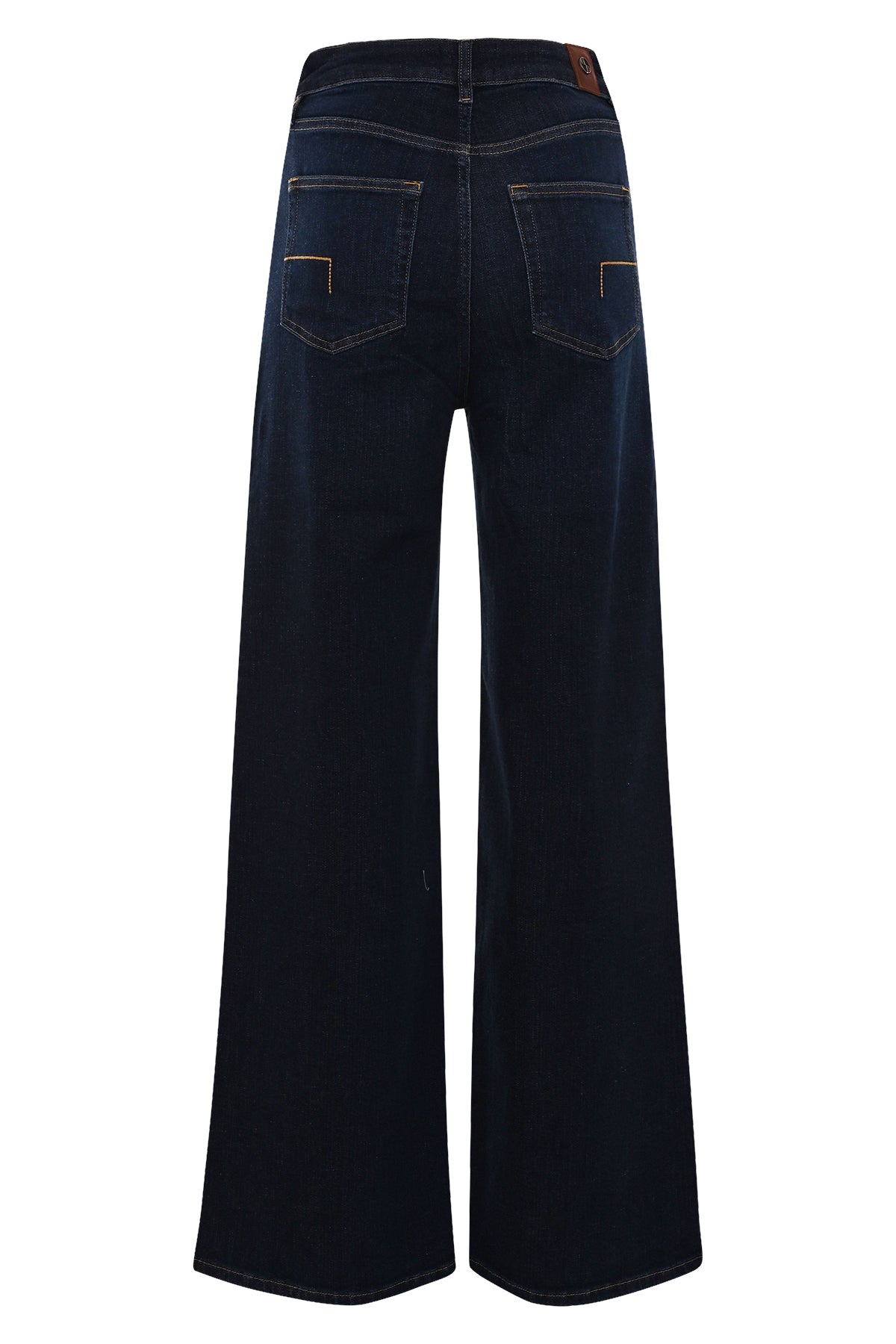 detail achterzijde van de francis donkerblauwe wide leg denim met karakteristieke achterzakken
