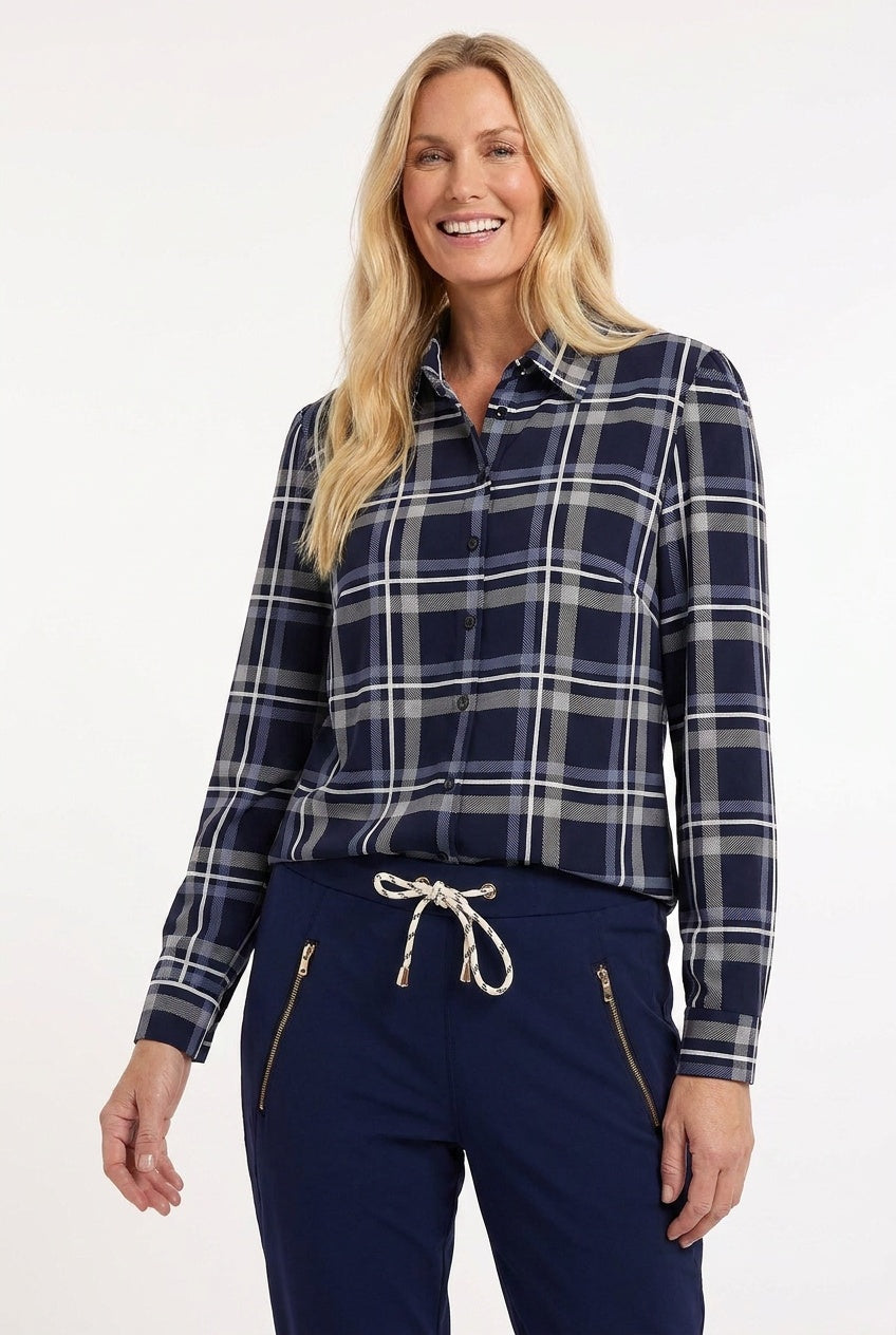 Travelblouse blauw geruit Fayette