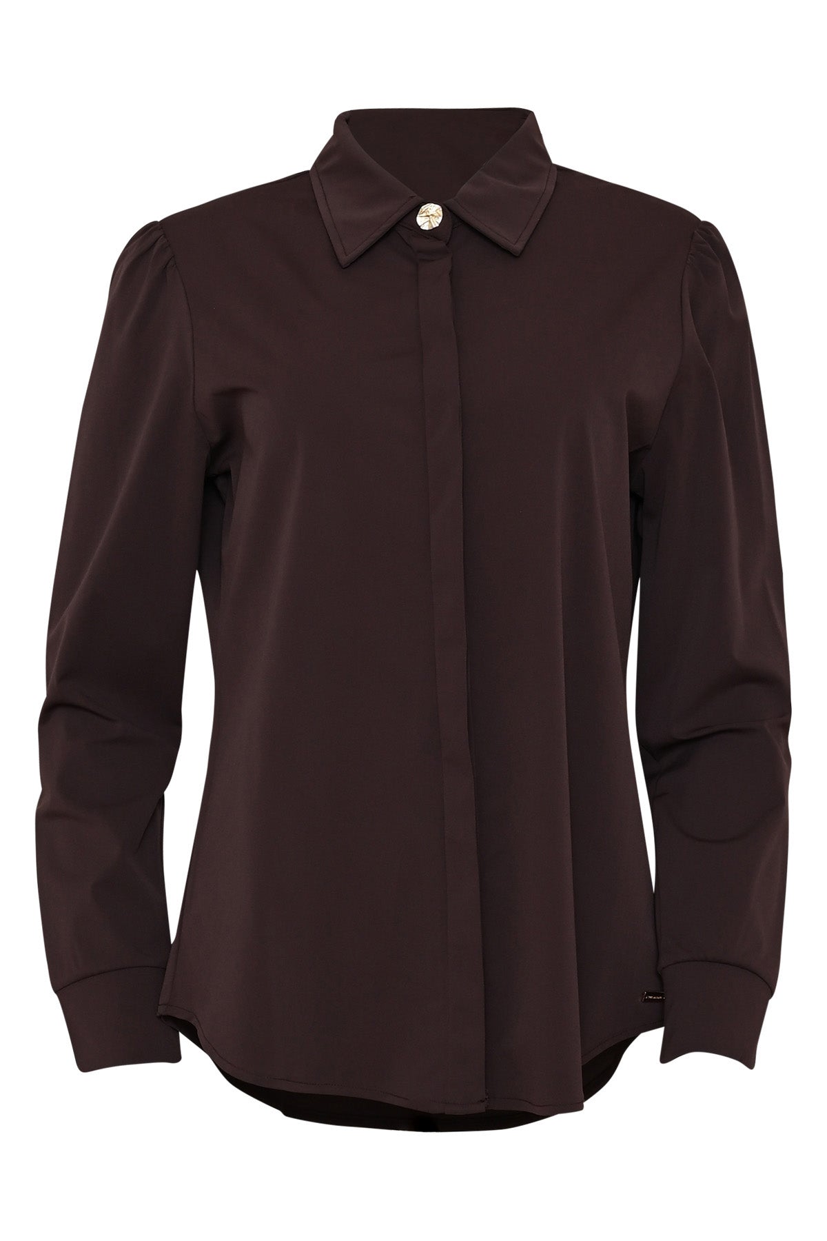 maicazz travelblouse juice in bruin met een gouden sierknoop en klassieke kraag