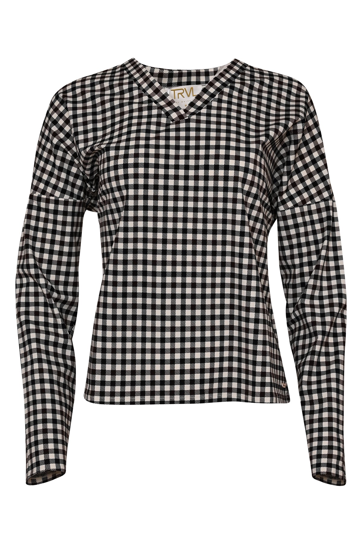 losina travelshirt bruin zwart wit geruit met v-hals en lange mouwen