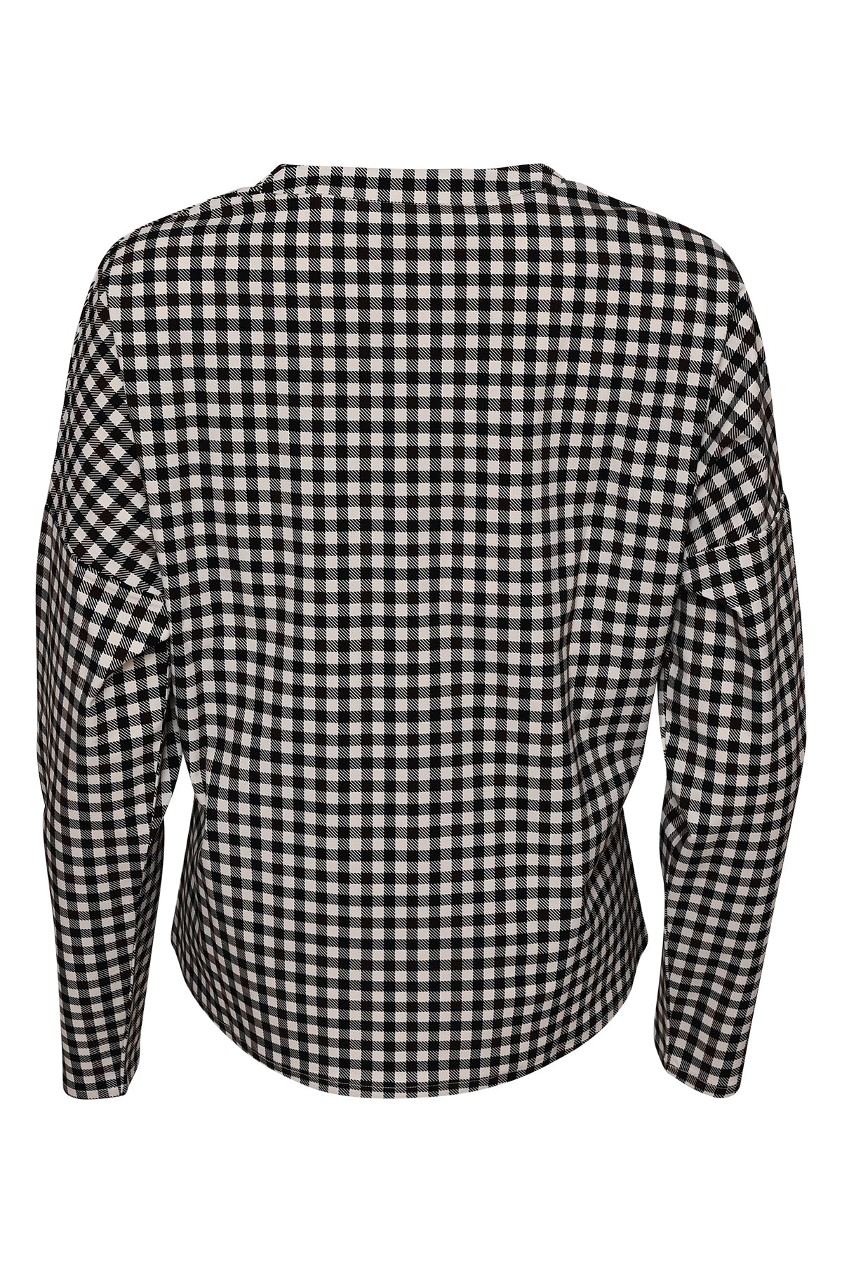 achterkant losina travelshirt met lange mouwen en bruin zwart wit geruit motief