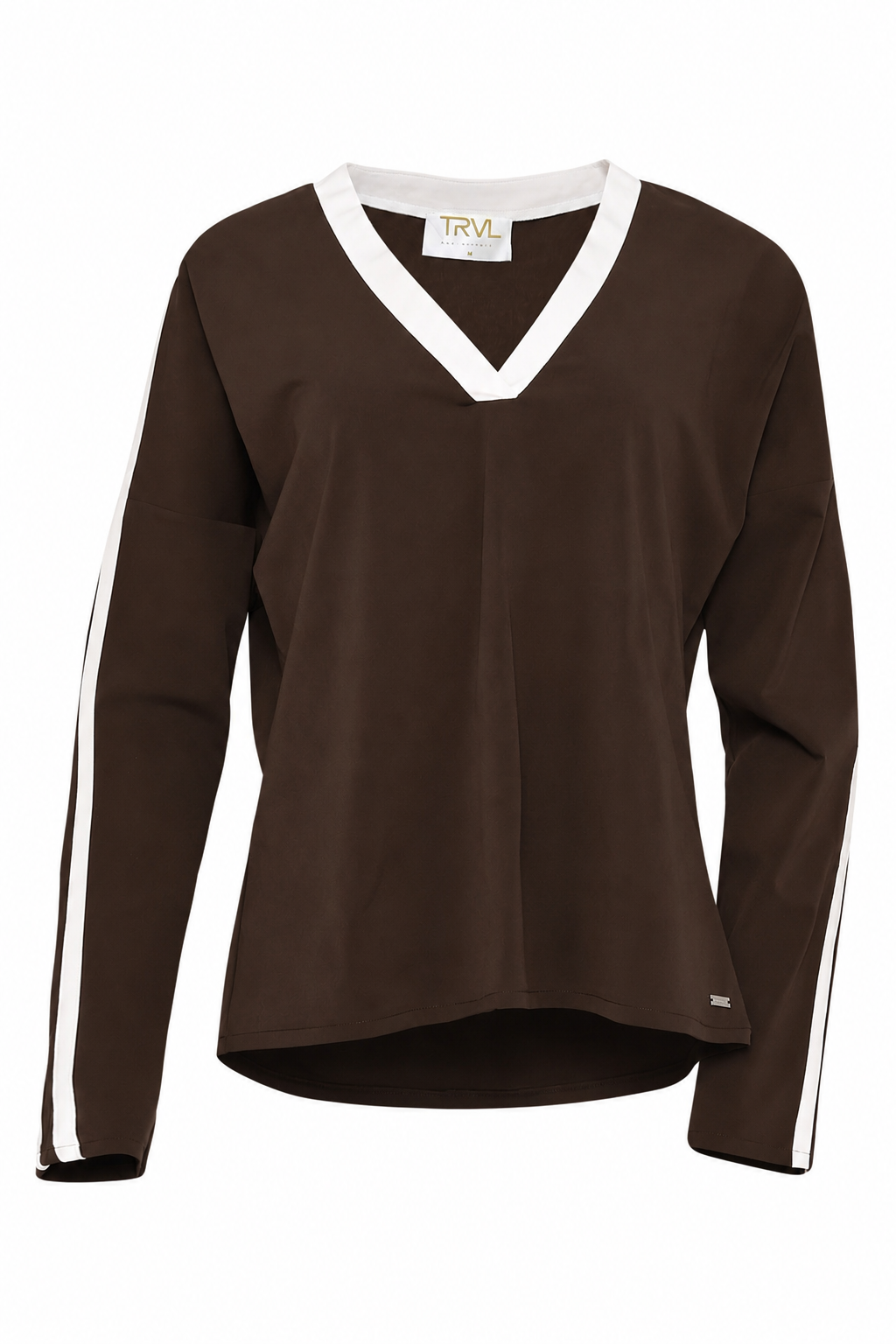 bruin shirt losina met lange mouwen losina, v-hals en sportieve contraststrepen in het wit