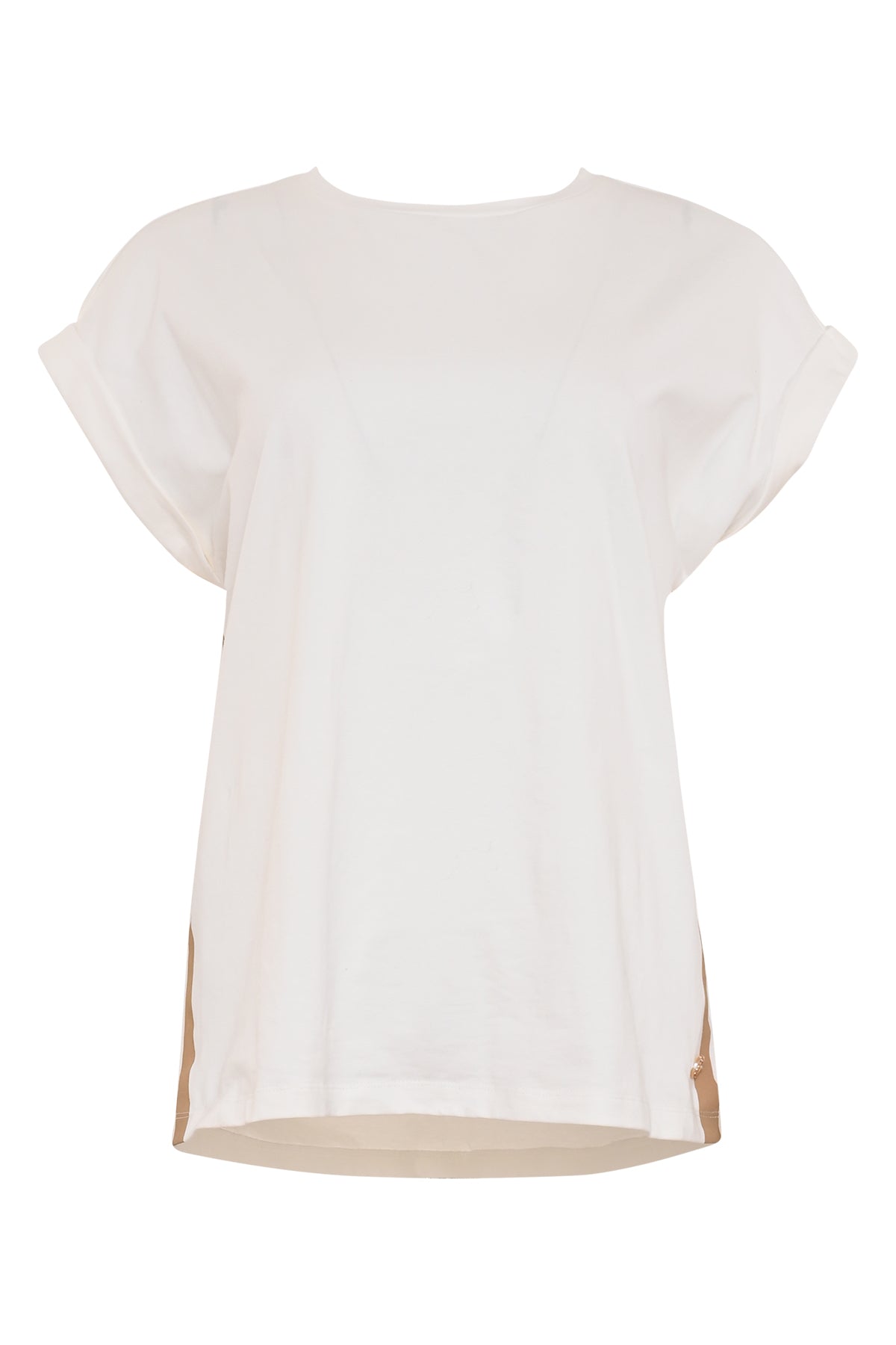 offwhite tshirt met ronde hals, korte mouwen en een beige zijstreep