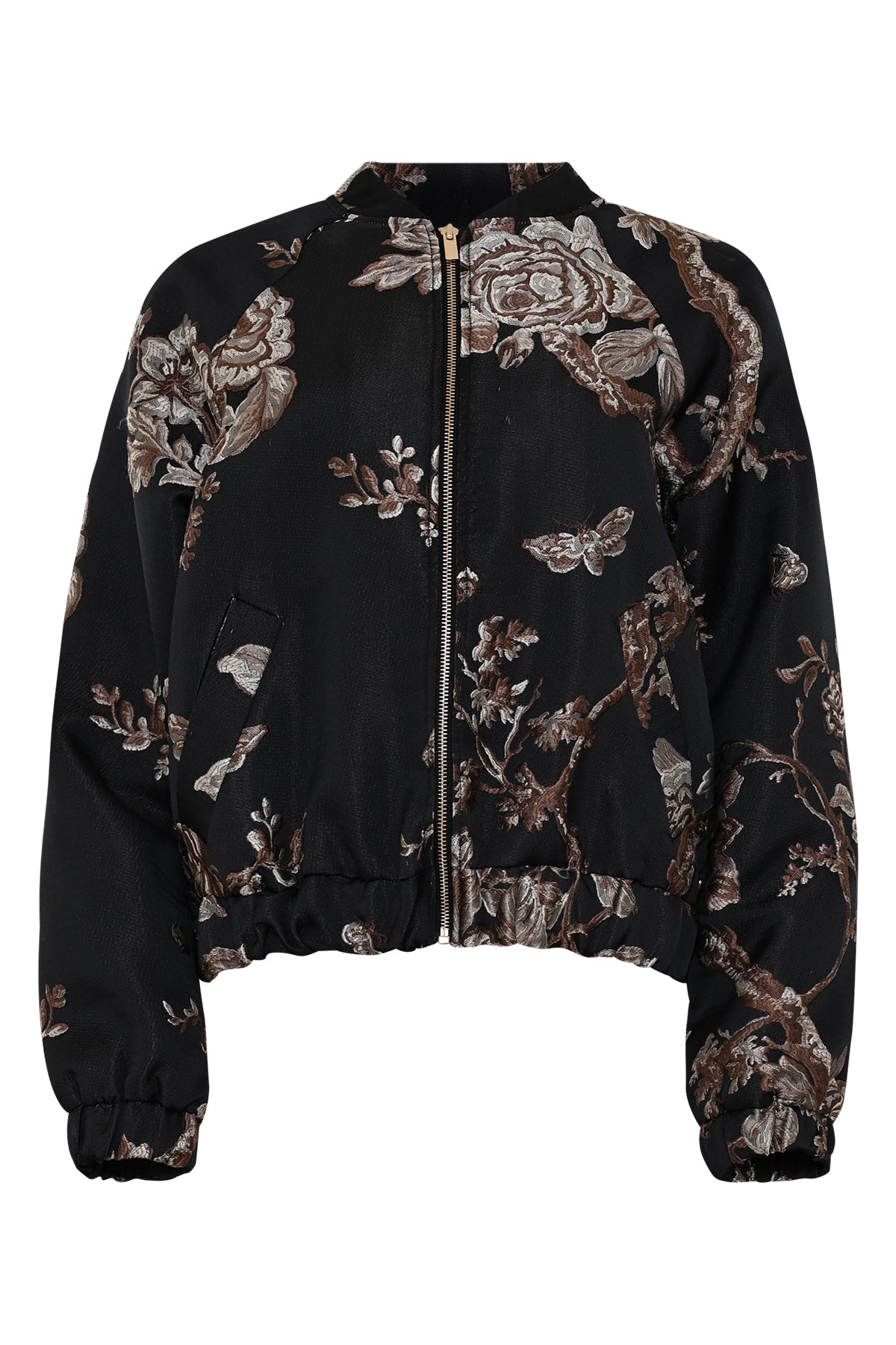 details van de paris zwarte bomber jack met opstaande kraag, ritssluiting, elastische borden en steekzakken met luxe bruine bloemenprint
