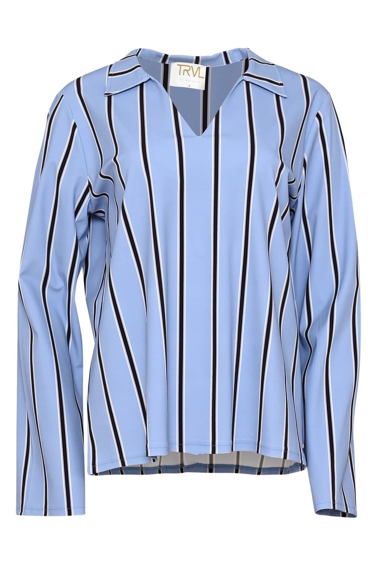 padyn blauw gestreept travelshirt met lange mouwen, v-hals met kraag en strepen verticaal in bruin/offwhite