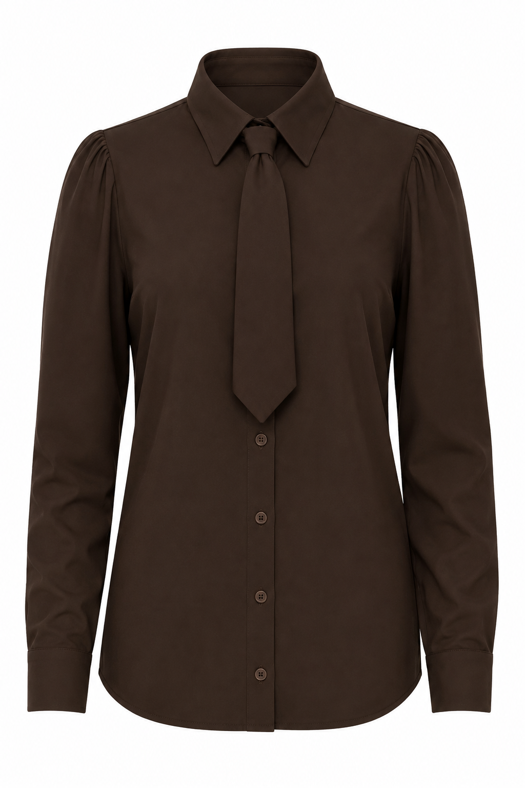 dames travelblouse payette bruin met stropdas en knoopsluiting