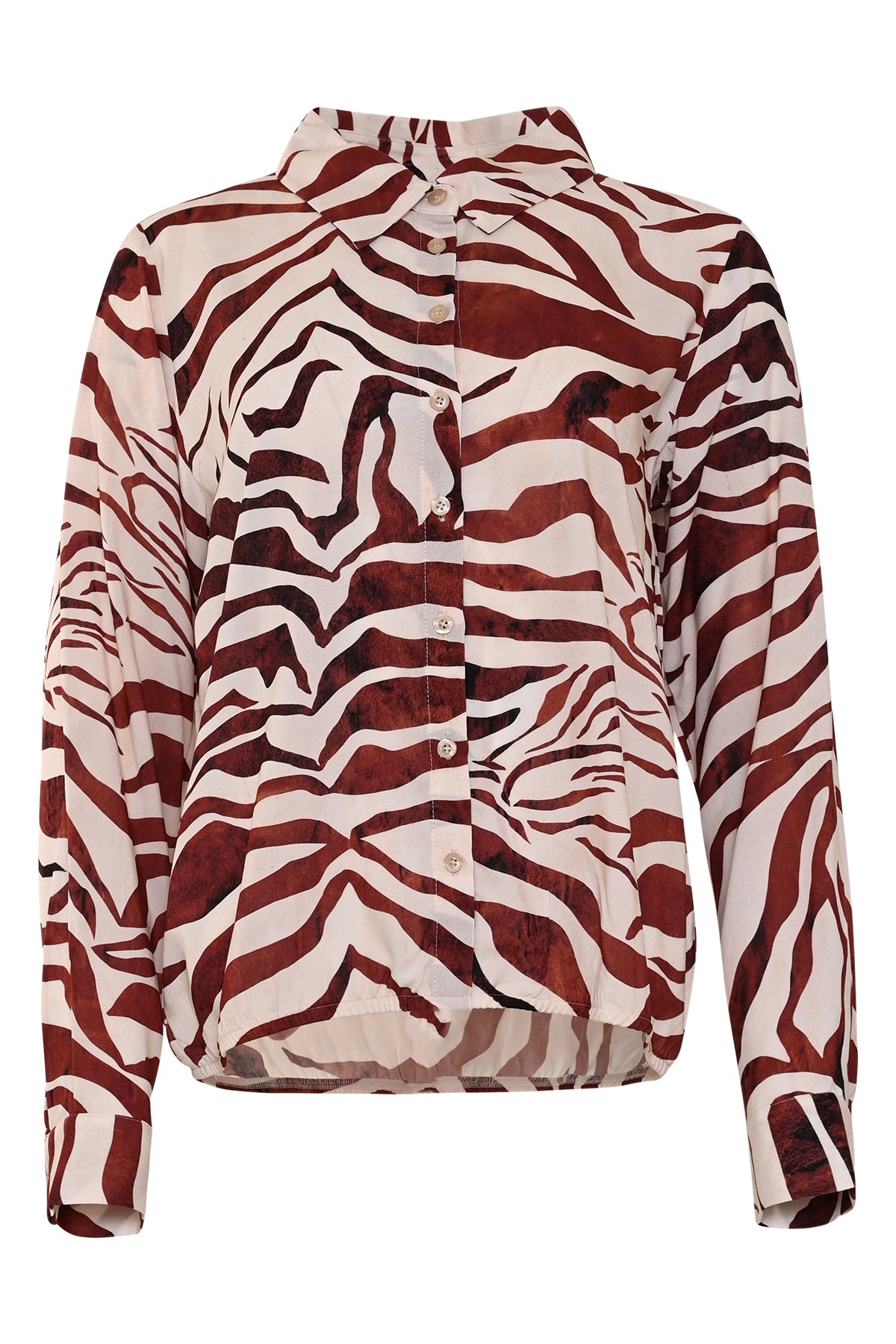 bruin-witte zebraprint blouse pydia met knoopsluiting en lange mouwen