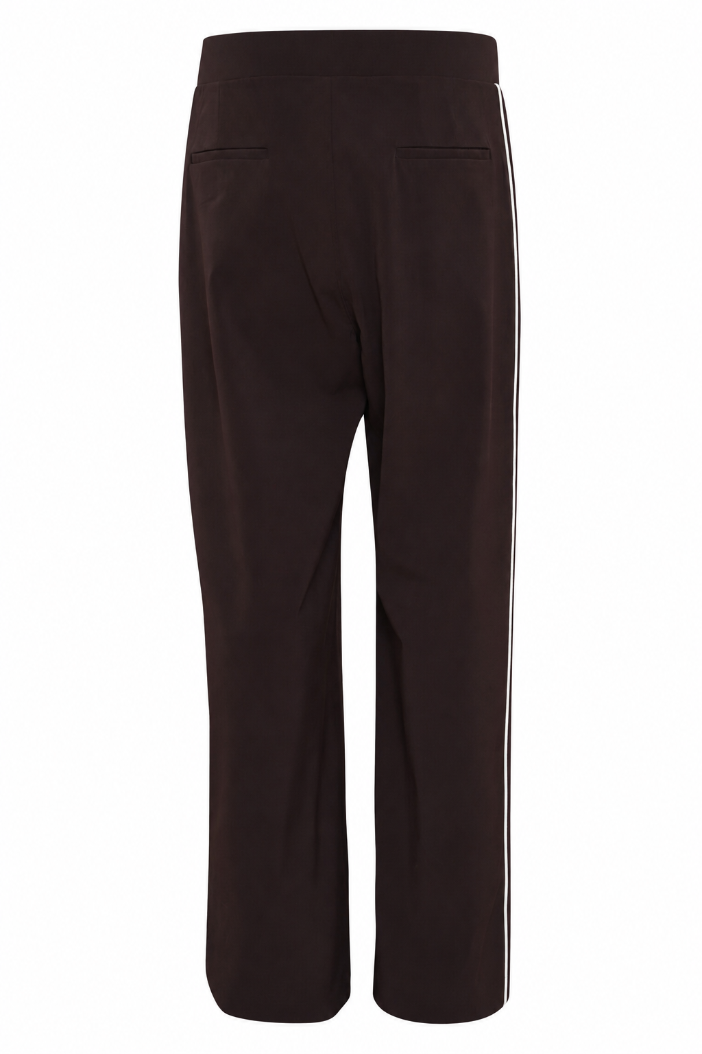 achterkant donkerbruine straight fit travel broek voor dames met offwhite contrastbies en paspelzakken