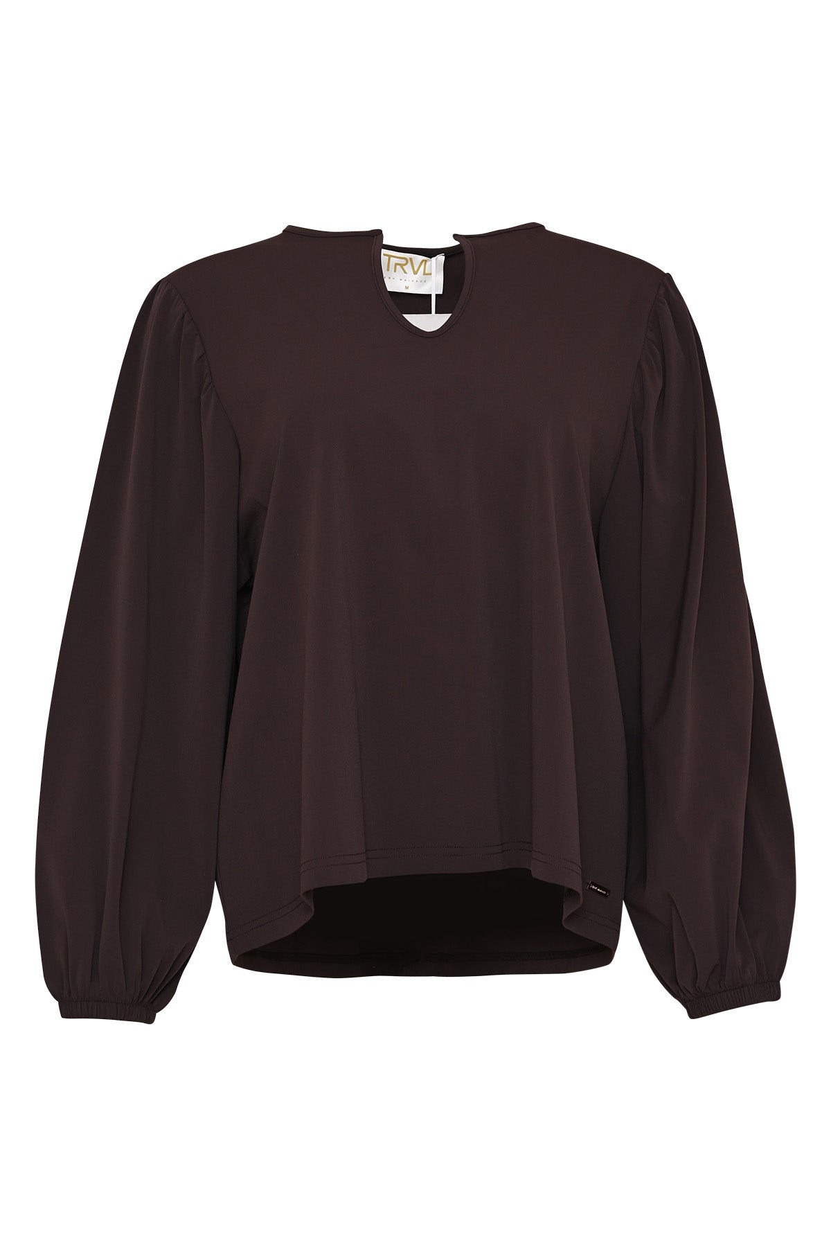 solane travelshirt bruin met lange mouwen en hals met v-vormige inkeping 