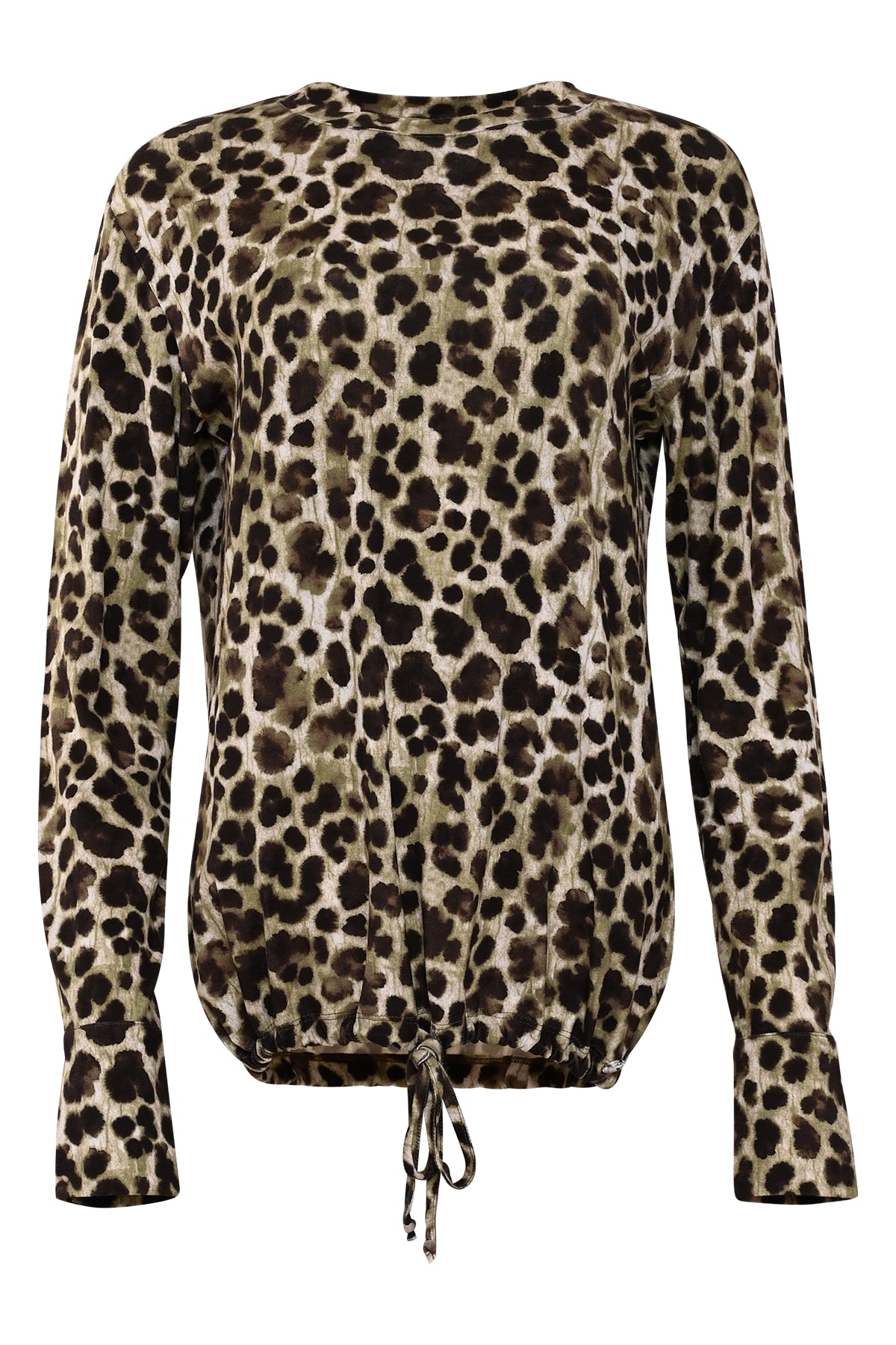 olijfgroene panterprint shirt tana met lange mouwen, ronde hals en verstelbaar koord aan de onderzijde voor een bloezend effect