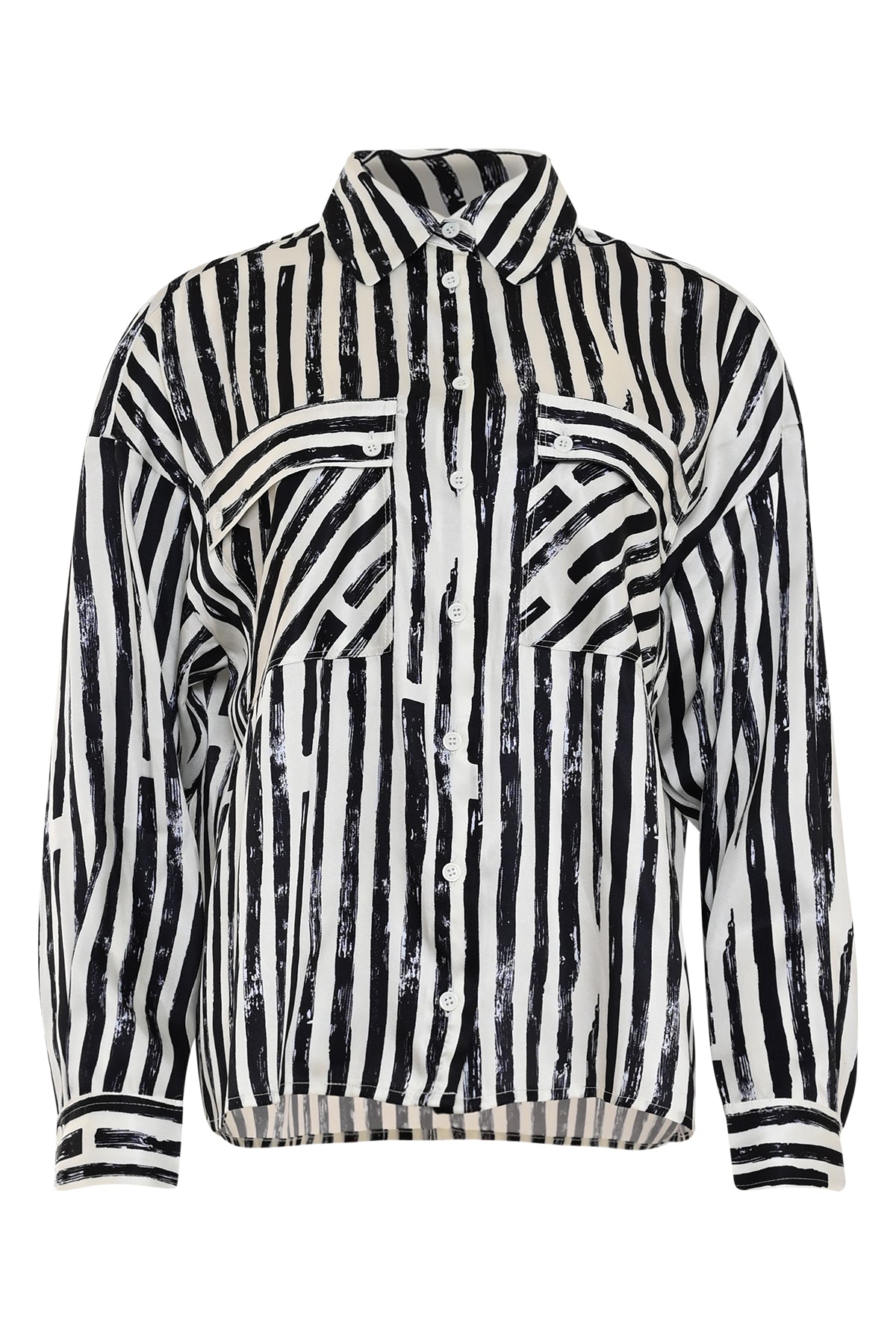 vailora blauw wit gestreepte blouse met kraag, knoopsluiting en borstzakken