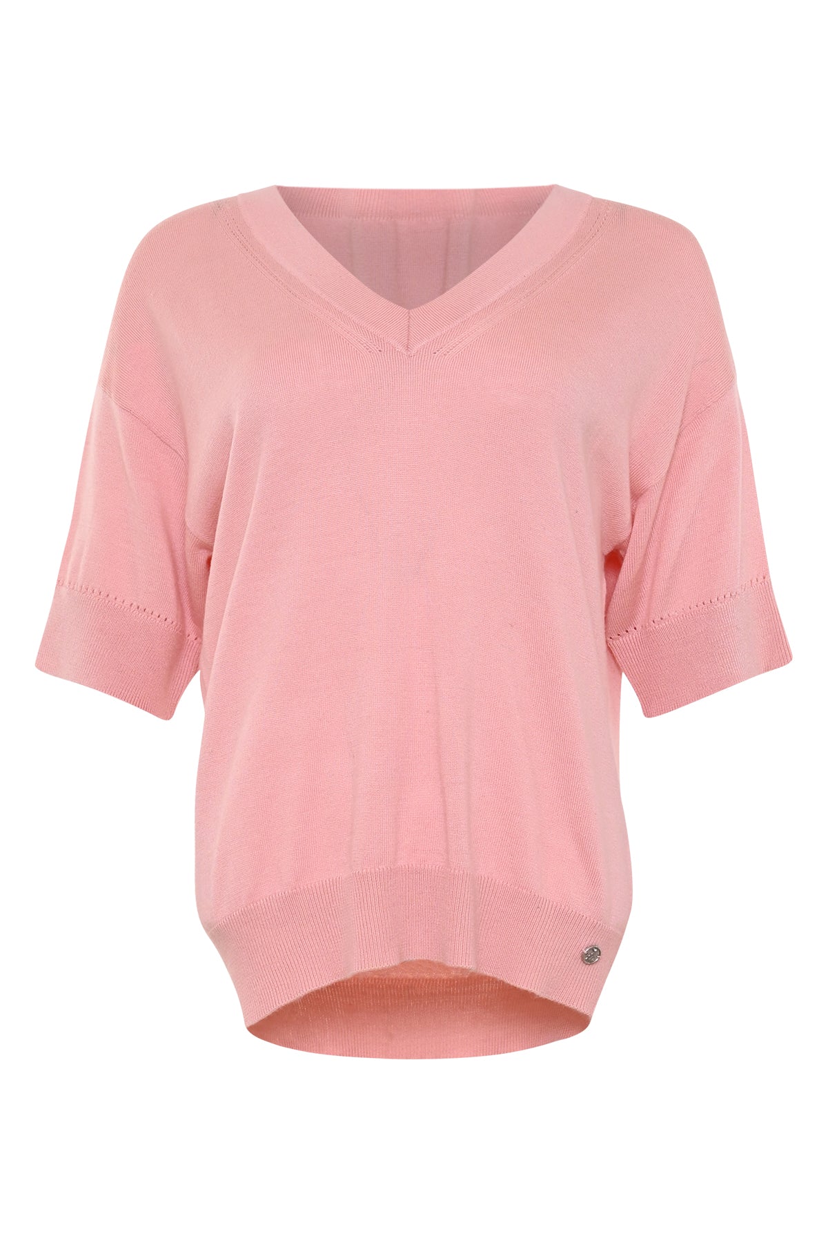 roze fijngebreid t-shirt valan met korte mouwen en v-hals
