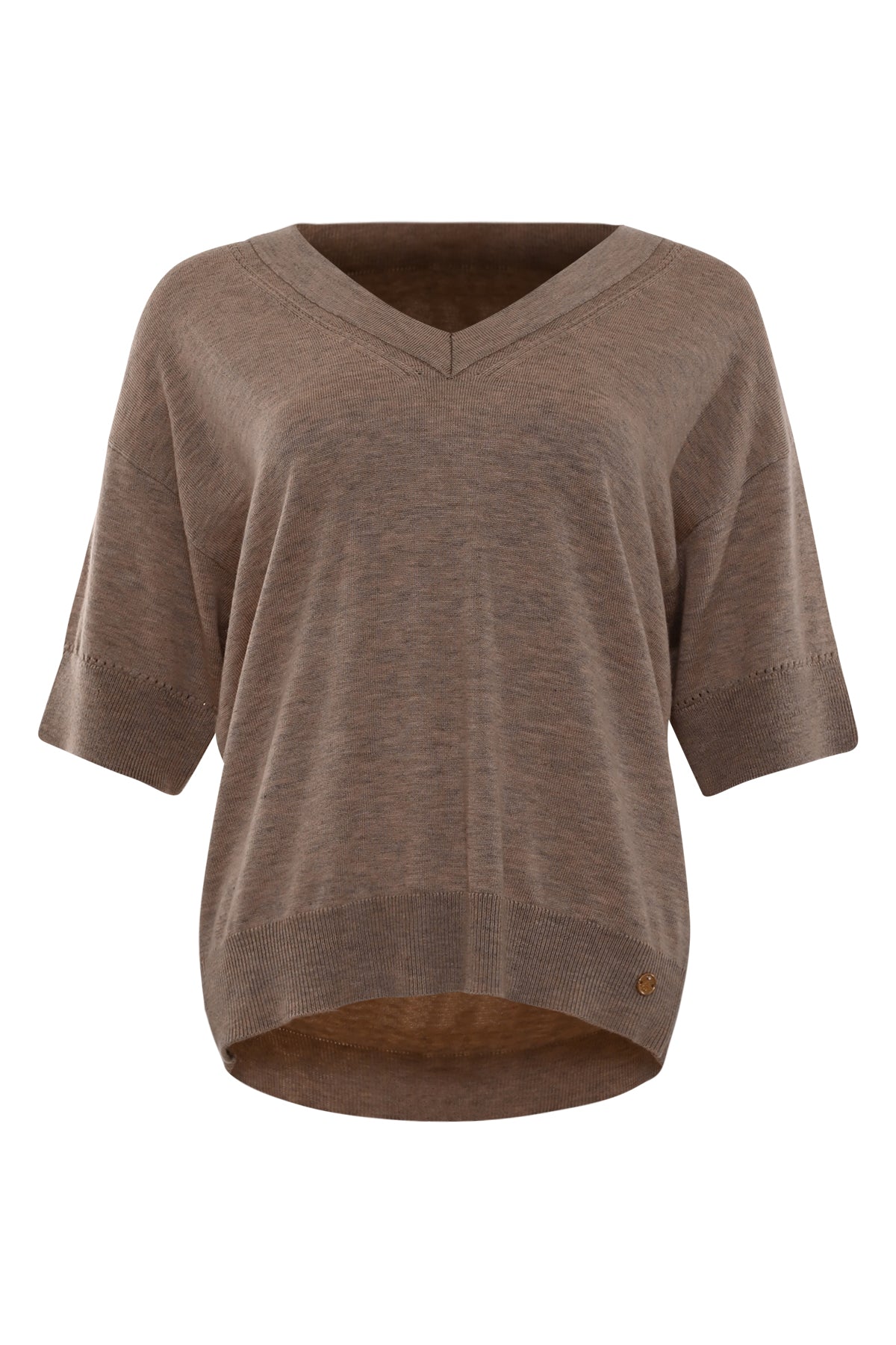 taupe t-shirt fijngebreid met een v-hals en korte mouwen