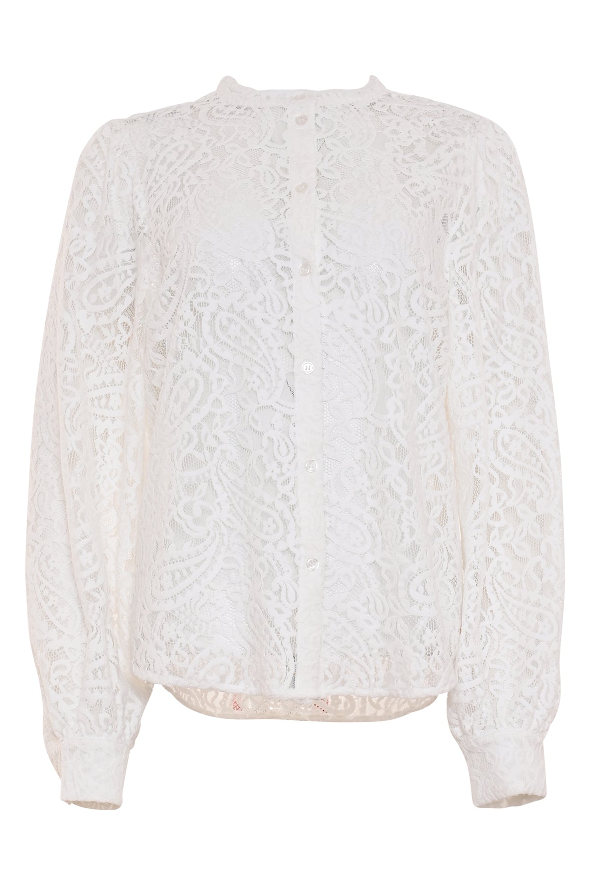 offwhite damesblouse met kanten bloemenmotief, ronde hals en knoopsluiting 