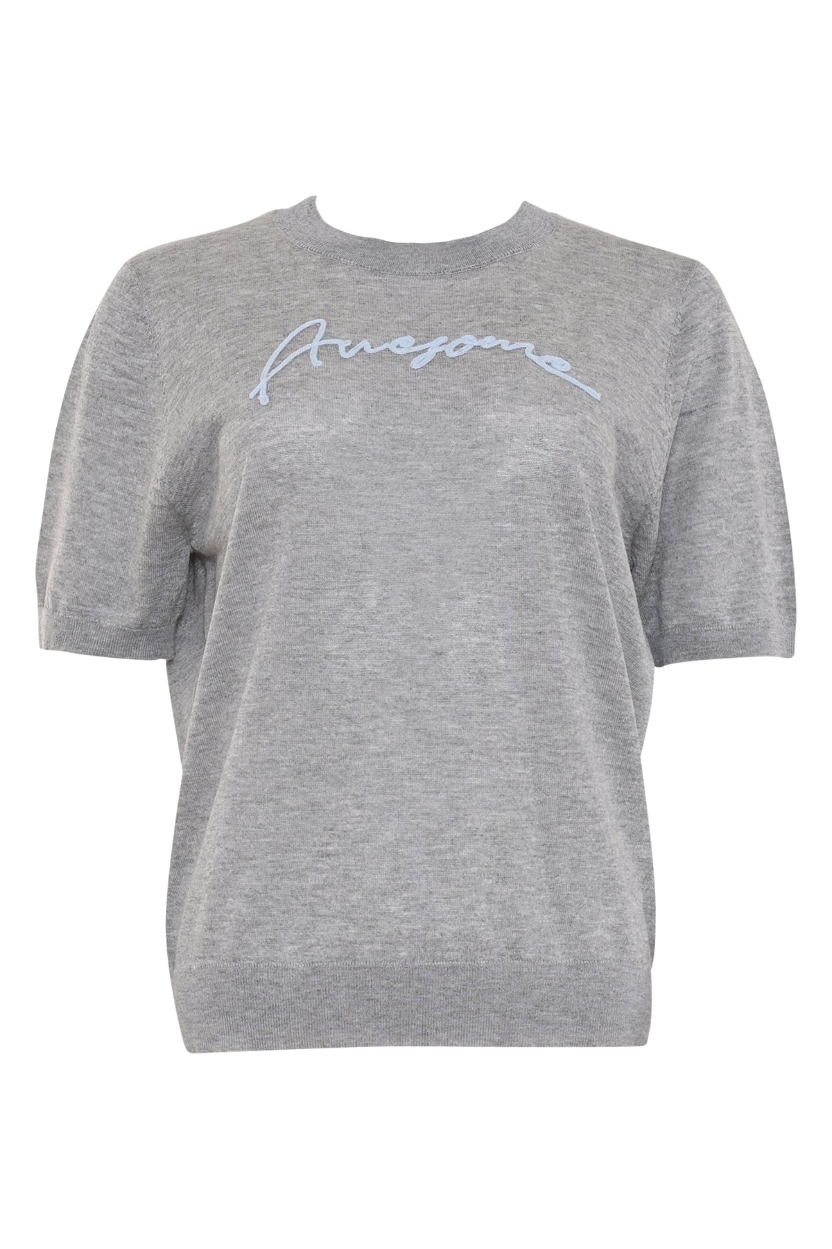 lichtgrijs t-shirt vasset met ronde hals, korte mouwen en lichtblauwe tekst awesome op de borst