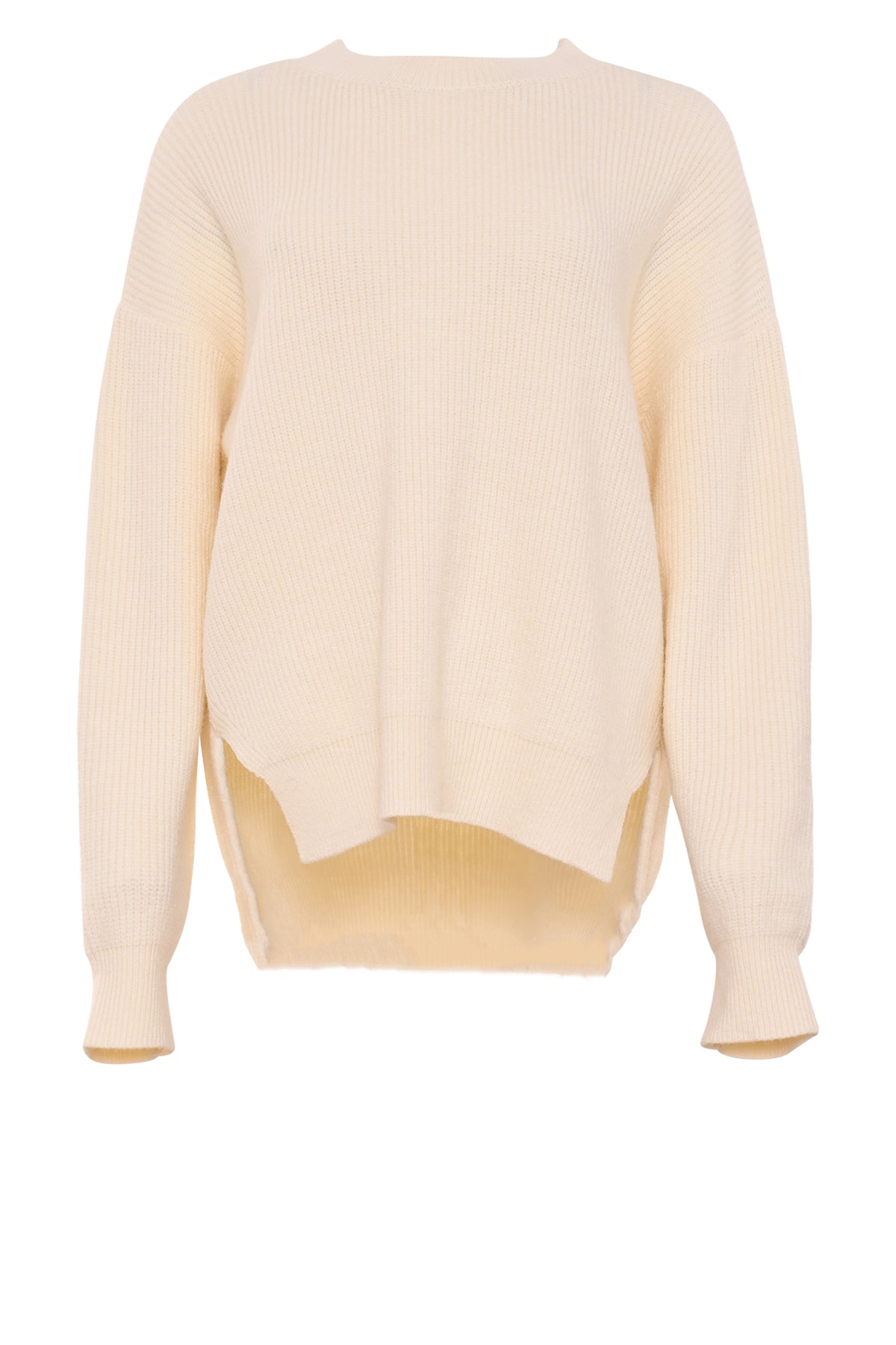 offwhite trui vay met splitten aan de zijkant en de achterzijde is langer dan de voorzijde voor een speeld effect