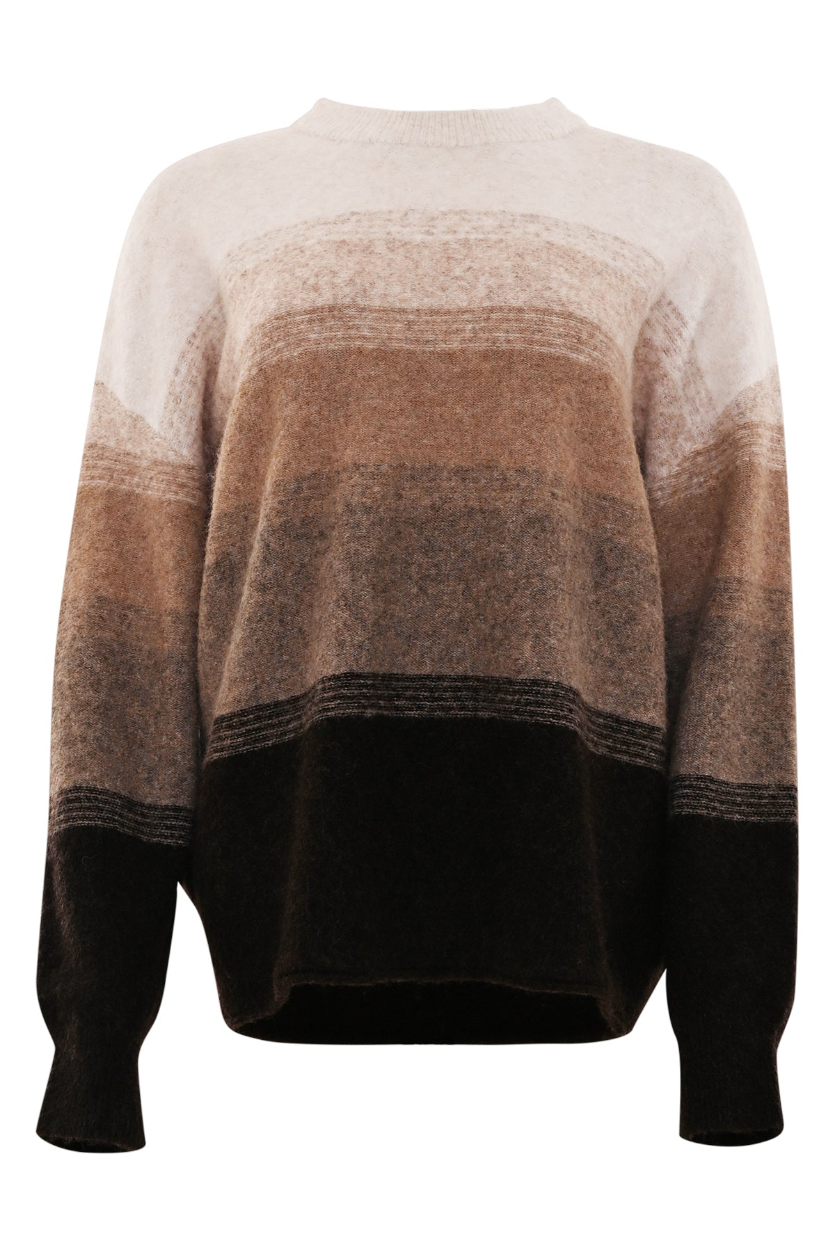 herfsttrui verry met brede banen die overlopen van licht offwhite en beige naar caramel, roestbruin en diep donkerbruin.