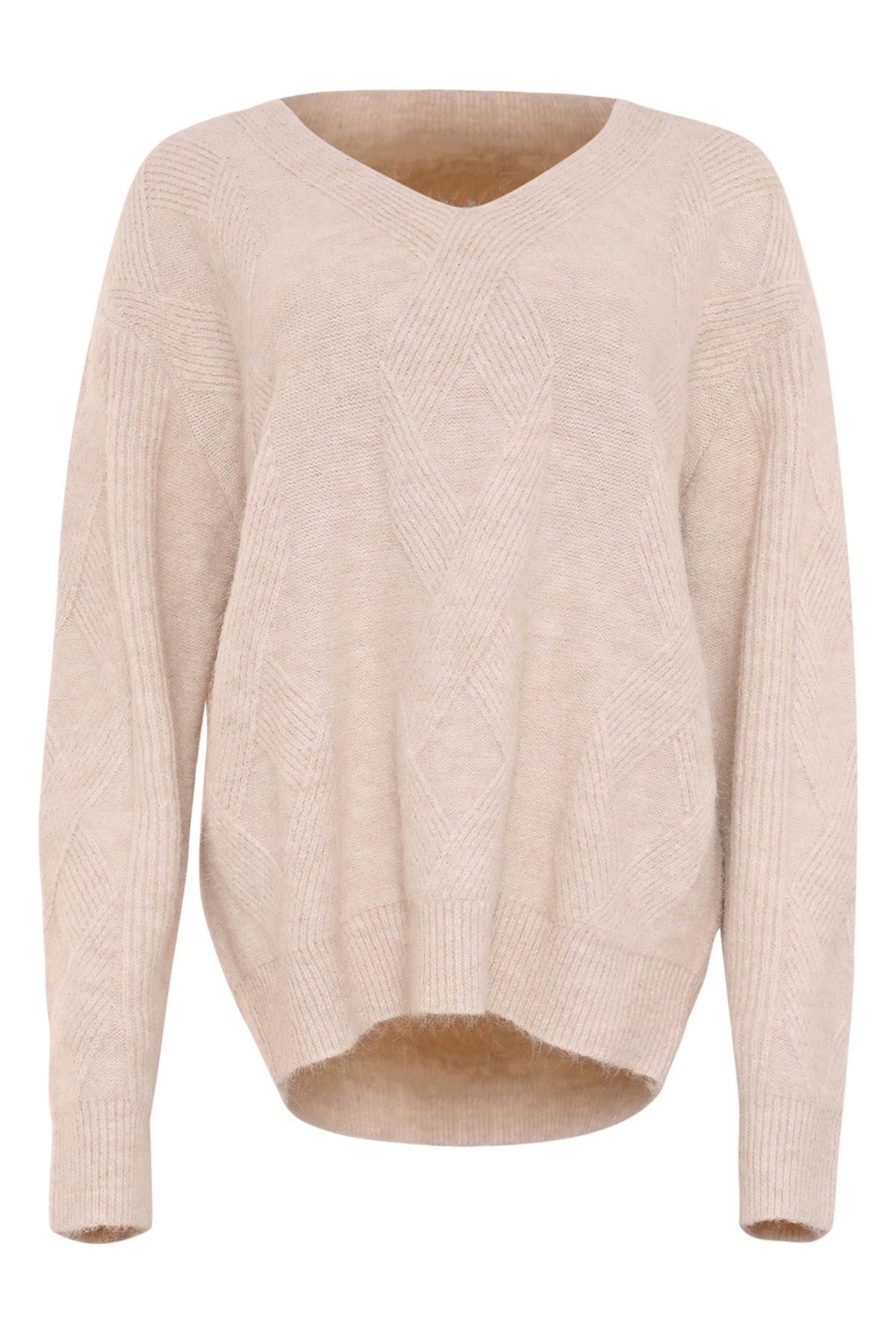 offwhite v-hals trui voor dames met ton-sur-ton gebreid ruitmotief