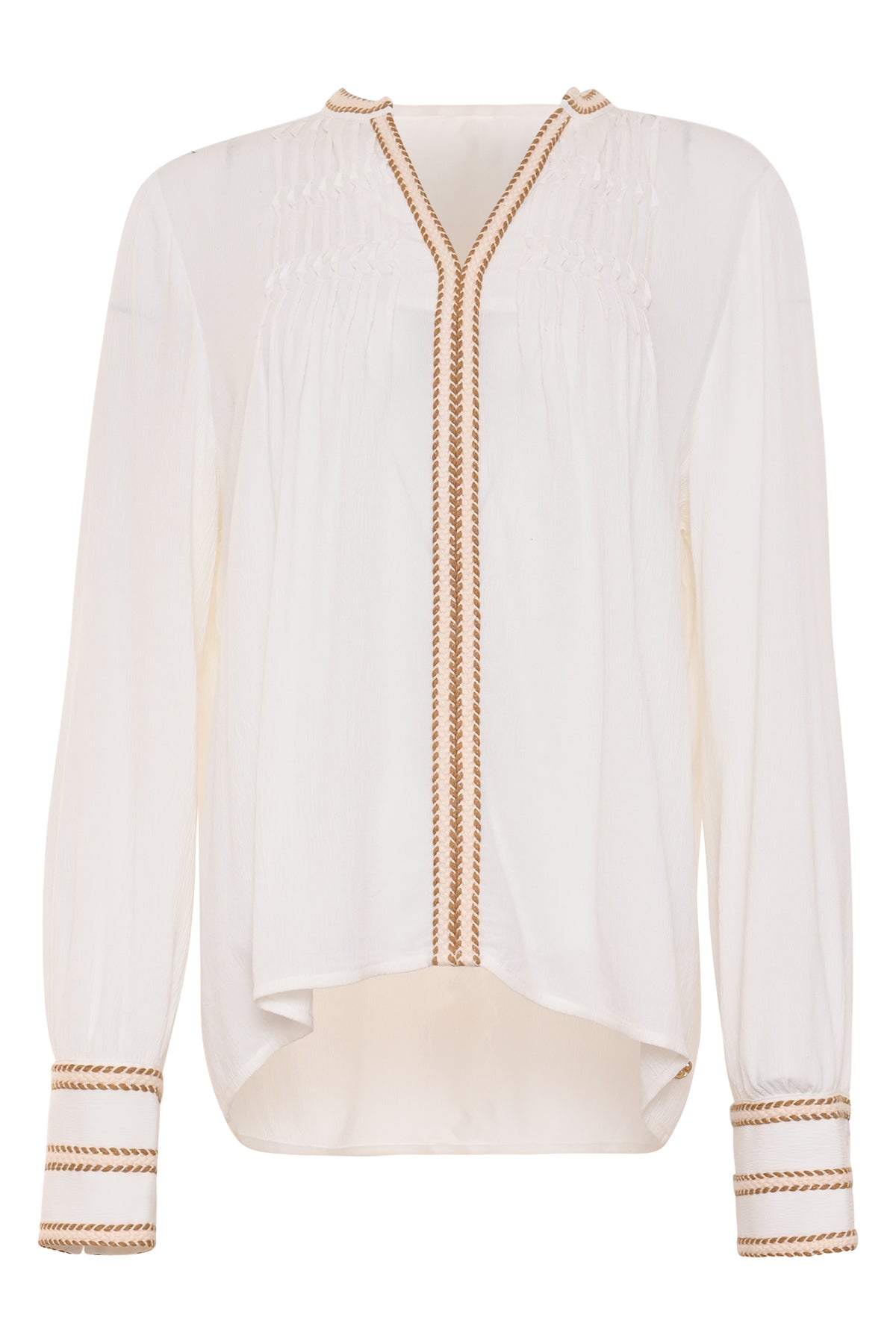 off-white damesblouse met v-hals en sierband in warme camel- en bruintinten