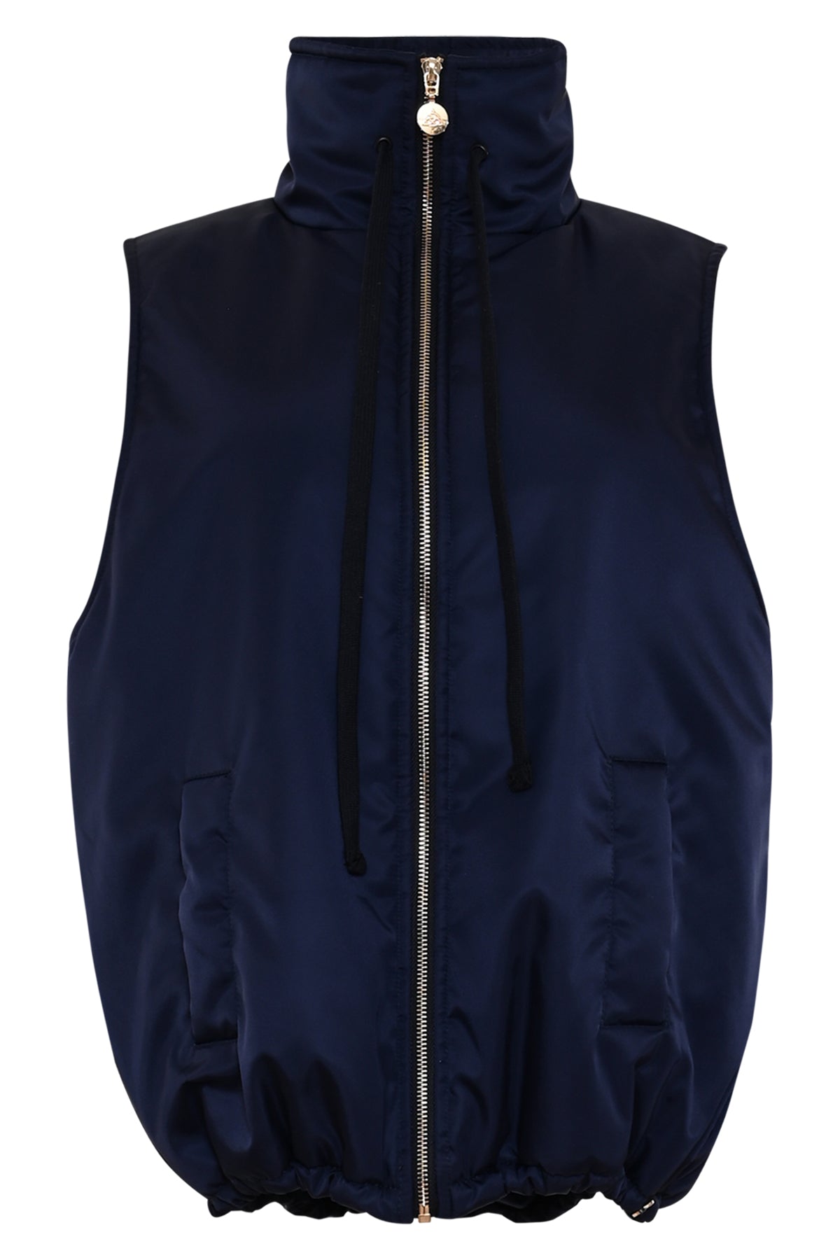 donkerblauwe bodywarmer vinise met hoge kraag en ritssluiting