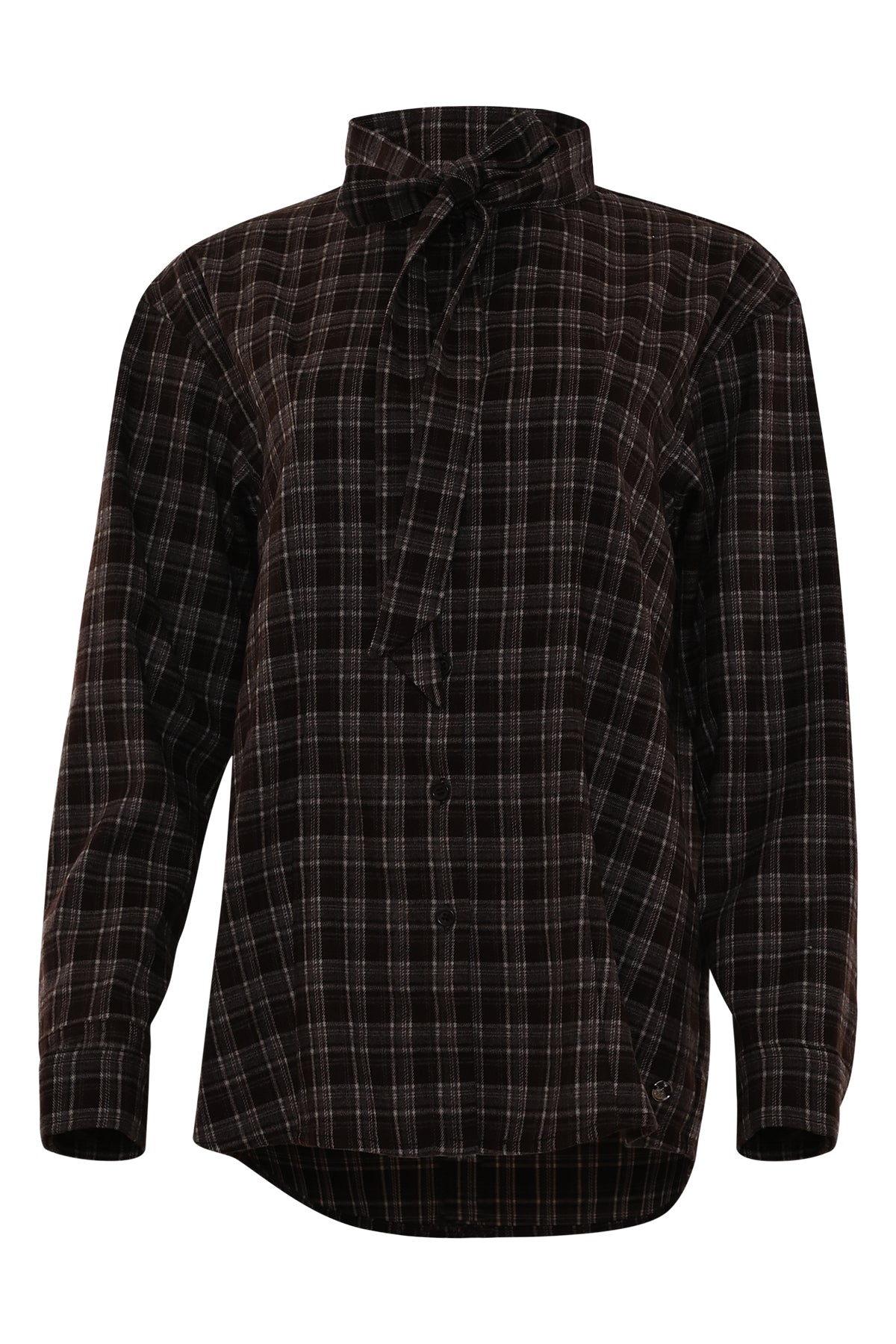 volterra donkerbruine geruite damesblouse van maicazz en kraag met striklinten en knoopsluiting