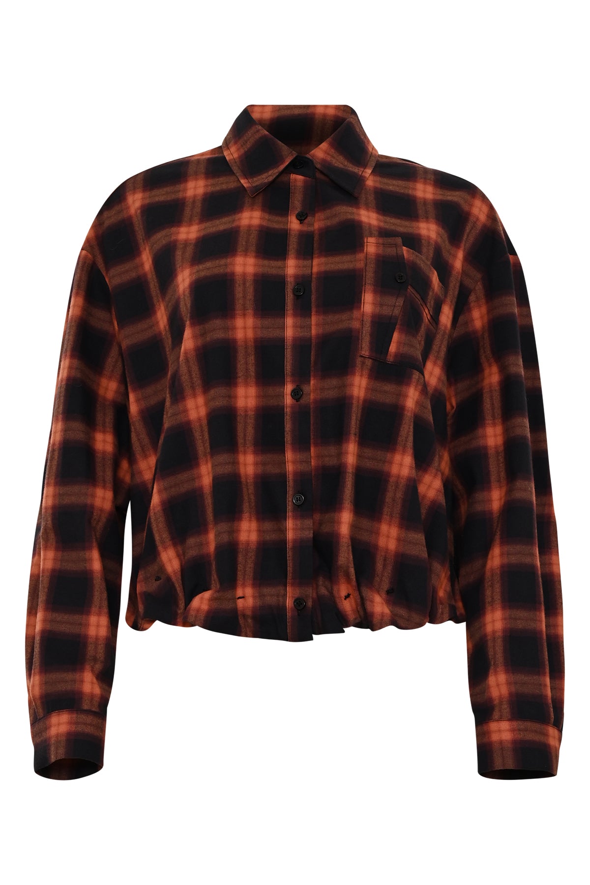 vondon geruite roestbruine damesblouse met verstelbare koorden aan de onderzijde, knoopsluiting en borstzak en lange mouwen
